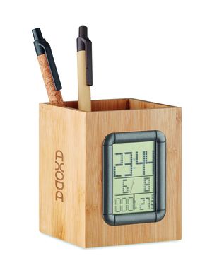 MANILA Eco-Friendly Bamboo Penholder with LCD Clock and Thermometer