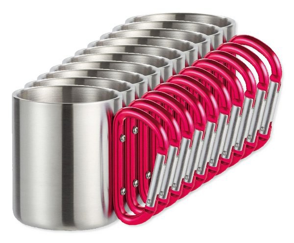 Pack mit 10 GiftRetail MO8313 - TRUMBO Becher aus Edelstahl mit Karabinerhaken als Henkel