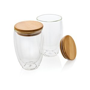XD Collection P432.27 - Doppelwandige Borosilikatgläser mit Bambusdeckeln, 350 ml, 2er-Set